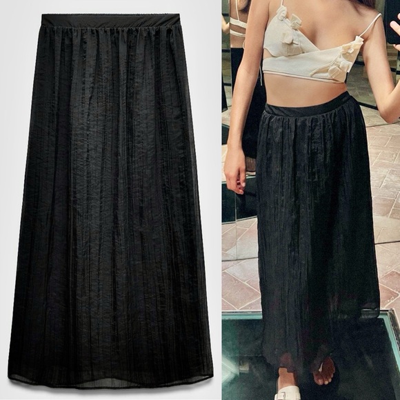 Zara NWT black wrinkled effect elastic waistband midi flowy skirt, fully lined - Picture 1 of 9
